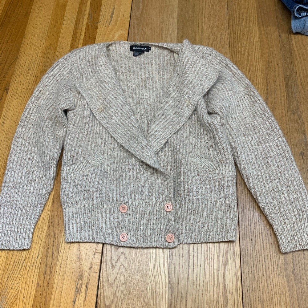 I.B. Diffusion Womens Silk Wool Ribbed Knit Double Breasted Cardigan Sweater Tan